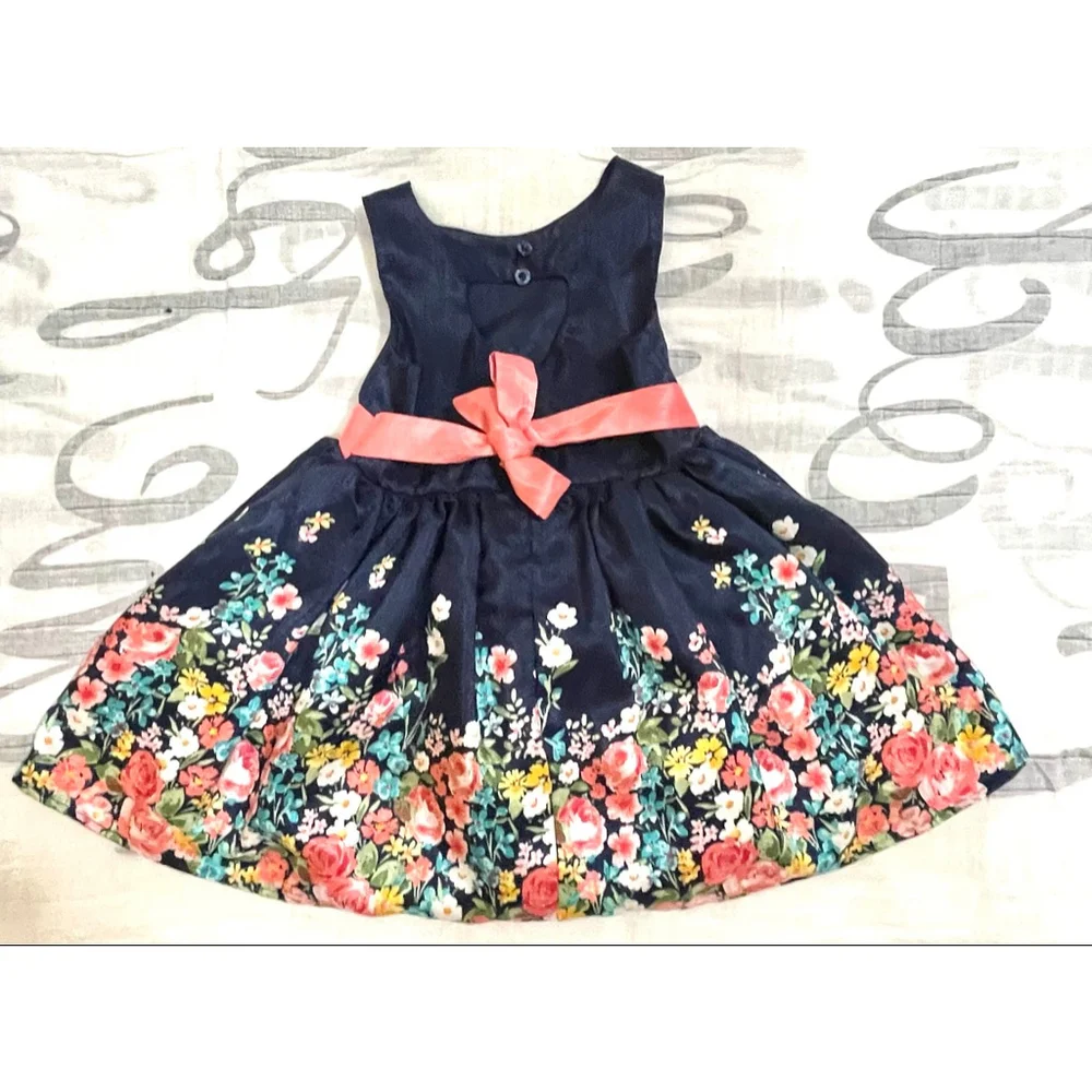 Girls Lilt Formal Dress 4T Navy Blue Floral with Coral Bow
